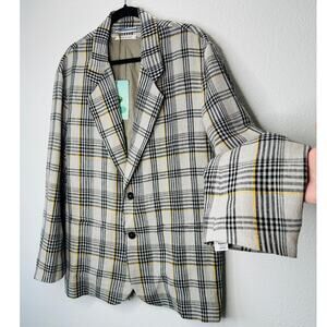 NWT Cristaseya Oversized Linen Blazer Ecru Black Yellow Plaid M